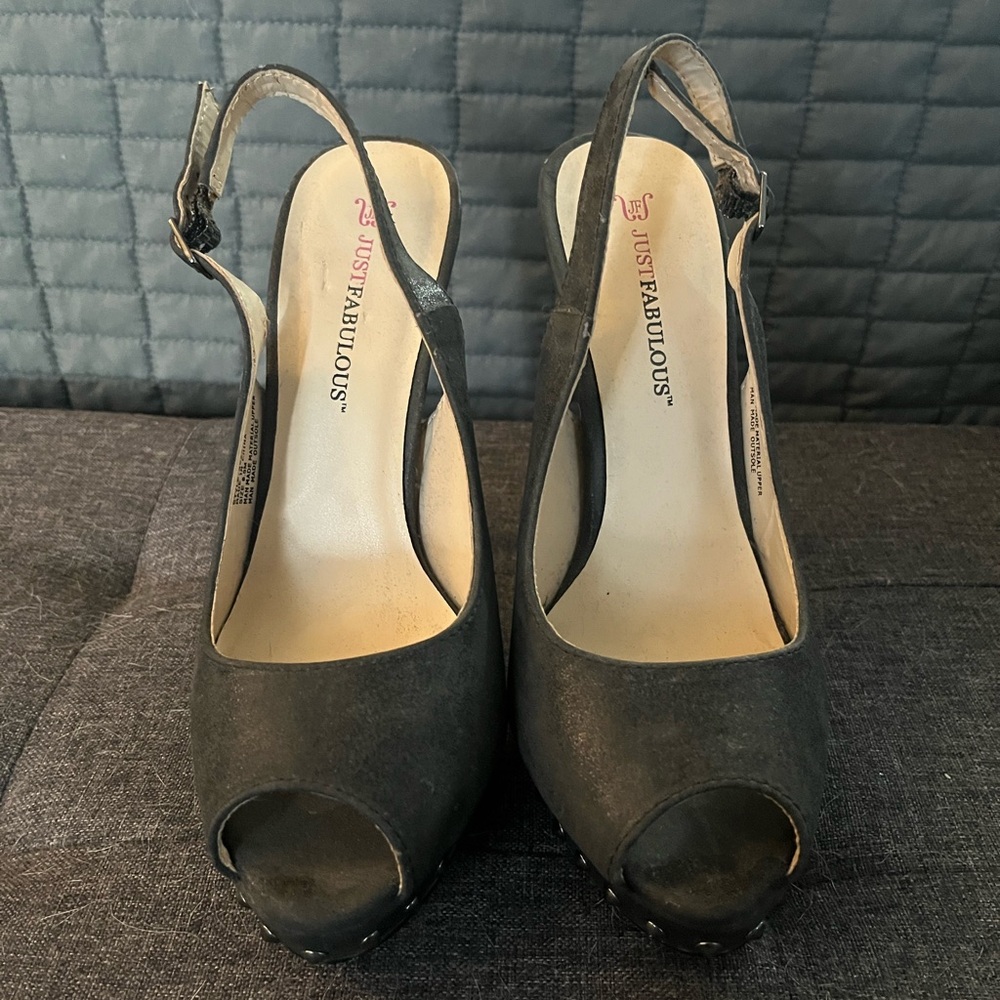 JustFab Charcoal Studded Peep Toe Slingback Heels